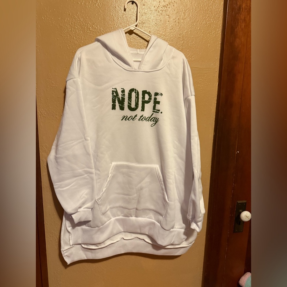 White Hoodie with Green 'NOPE. not today' Print